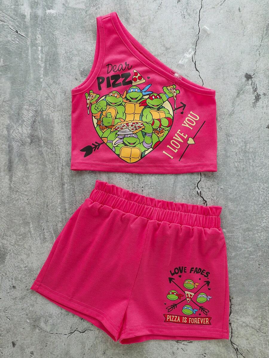 TEENAGE MUTANT NINJA TURTLES | SHEIN 2件套女婴运动休闲风舒适背心短裤套装,联名款 - 粉色 - 查看 1