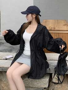 DAZY 女士休闲抽绳连帽轻薄外套，宽松版型，适合春夏秋三季穿着，时尚街头风外套 - 黑色 - 查看 7