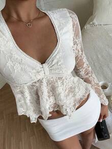 SHEIN EZwear White Lace Top For Women - White - View 4