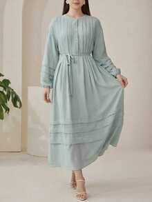 Veilorie Women's Solid Color Round Neck Long Sleeve Button Half Placket Casual Long Dress - Gray green - View 6