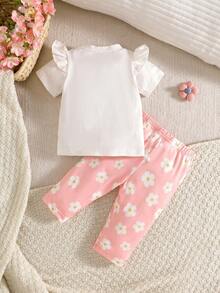 SHEIN 0-9M Newborn Baby Girl Summer Outfit Cute White Round Neck Short Sleeve T-Shirt And Floral Pants Set Sweet Infant Comfortwear For Baby Shower - Pink - View 3