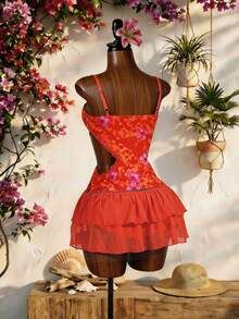 Lyxana Women's Floral Print Spaghetti Strap Ruffle Waist Dress, Vacation Style Beach Vacation Red Floral Summer Sexy - Orange - View 2