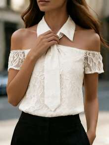 Balvessa Blusa de mujer con cuello de lazo y diseño hombros descubiertos - Albaricoque - Ver 3