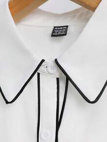 SHEIN 白色撞色滚边翻领优雅通勤梭织衬衫，夏季女装 - 白色 - 查看 5