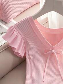 SHEIN Franclia Women's Elegant Ruffle Bow Tie T-Shirt - Pink - View 4