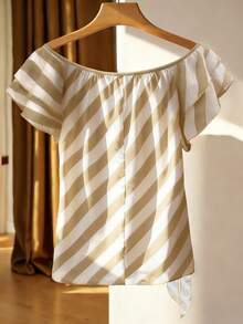 Franclia Plus Size French Style Off-Shoulder Ruffle Trim Striped Blouse - Khaki - View 2