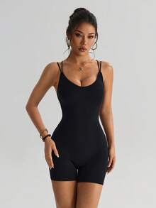 Slayform 一件式无缝连体裤+常规短裤，吸湿排汗面料，交叉绑带设计，基础款，黑色，运动连体裤，健身，瑜伽 - 彩色 - 查看 6