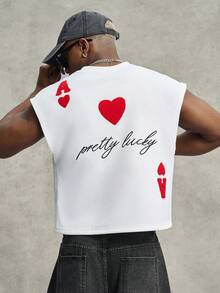 PAVTROS Men's Letter & Playing Card Graphic Round Neck Casual Tank Top,Men's Summer Street Style Sleeveless Top, INS Fashion High Street Poker Letter Heart 3D Embroidery White Tank, Oversized Graphic Loose Fit, Y2K Rock Aesthetic, Perfect For Music Festivals And Couples, Ideal Gift For Boyfriend Or Husband Graphic Tops Heart Shape Top Funny Tops Personalised Shirt Shirt Crop - White - View 3