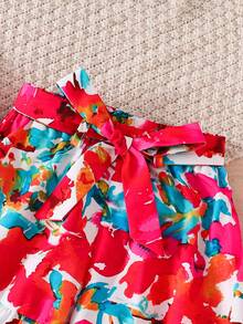 SHEIN Bộ đồ đi nghỉ mát cho bé gái: Áo hai dây cổ lệch màu trơn và quần ống rộng in hoa. - Màu Hồng Tươi - Xem 6