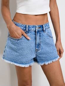 Maija Quần short denim rách có túi dành cho nữ - Rửa nhẹ - Xem 5