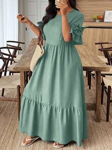 EMERY ROSE Plus Size Women's Solid Color Round Neck Ruffle Hem Bow Decor Short Sleeve Elegant Dress - Mint Green - View 1