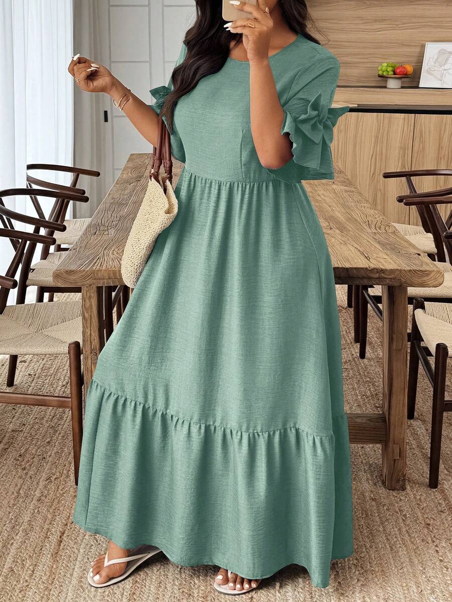 EMERY ROSE Plus Size Women's Solid Color Round Neck Ruffle Hem Bow Decor Short Sleeve Elegant Dress - Mint Green - View 1