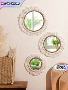 1 pièce Miroir mural bohème tissé à la main, miroir acrylique avec franges suspendus, décoration murale bohème pour salon, chambre à coucher, chambre d'enfant, décoration de la maison - Beige - Voir 1