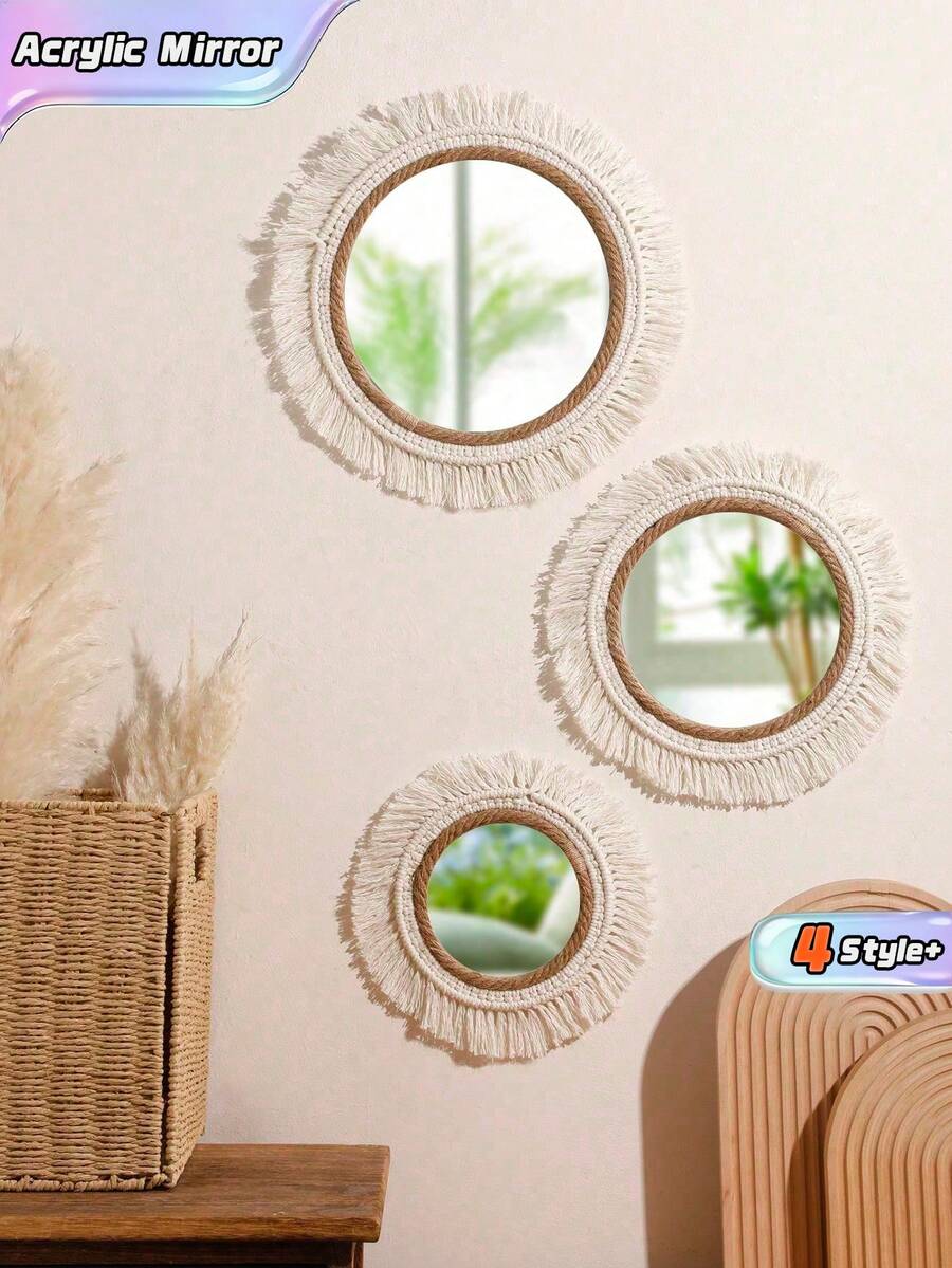 1 pièce Miroir mural bohème tissé à la main, miroir acrylique avec franges suspendus, décoration murale bohème pour salon, chambre à coucher, chambre d'enfant, décoration de la maison - Beige - Voir 1