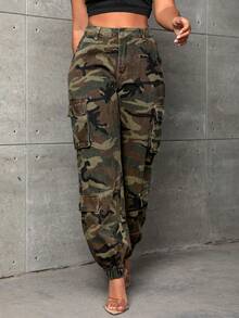 Jeanoix Plus Size Women Camouflage Cargo Pocket Casual Jeans - Multicolor - View 1