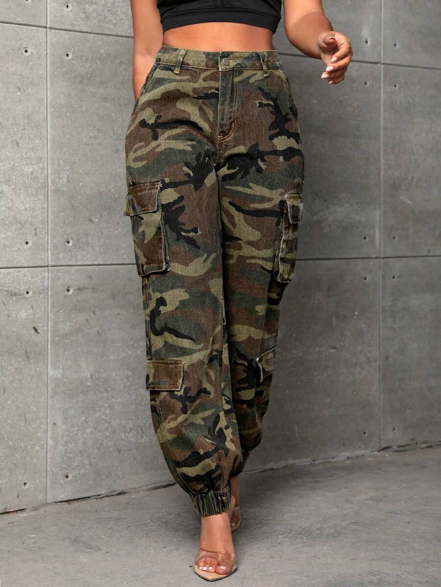Jeanoix Plus Size Women Camouflage Cargo Pocket Casual Jeans - Multicolor - View 1
