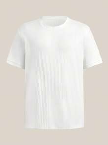 VeloEdit Kaos Pria Warna Putih Tekstur Ribbed Pit Tenun Vertikal Efek Melangsingkan Kerah Bulat - Gaya/Kemeja Rajut Slim Fit Pria Polos Lengan Pendek untuk Musim Gugur dan Dingin - Putih - View 3