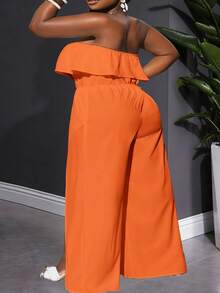 SHEIN CURVE+ Bộ áo liền quần dáng suông xẻ tà, màu trơn, không dây đeo vai, dành cho nữ, cỡ lớn. - trái cam - Xem 2
