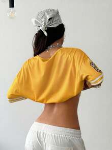 Coolane Women's Summer Sportswear Basic Y2K Number Pattern Contrast Lace V-Neck Jersey Over Size T-Shirt,Summer Top - Yellow - View 7
