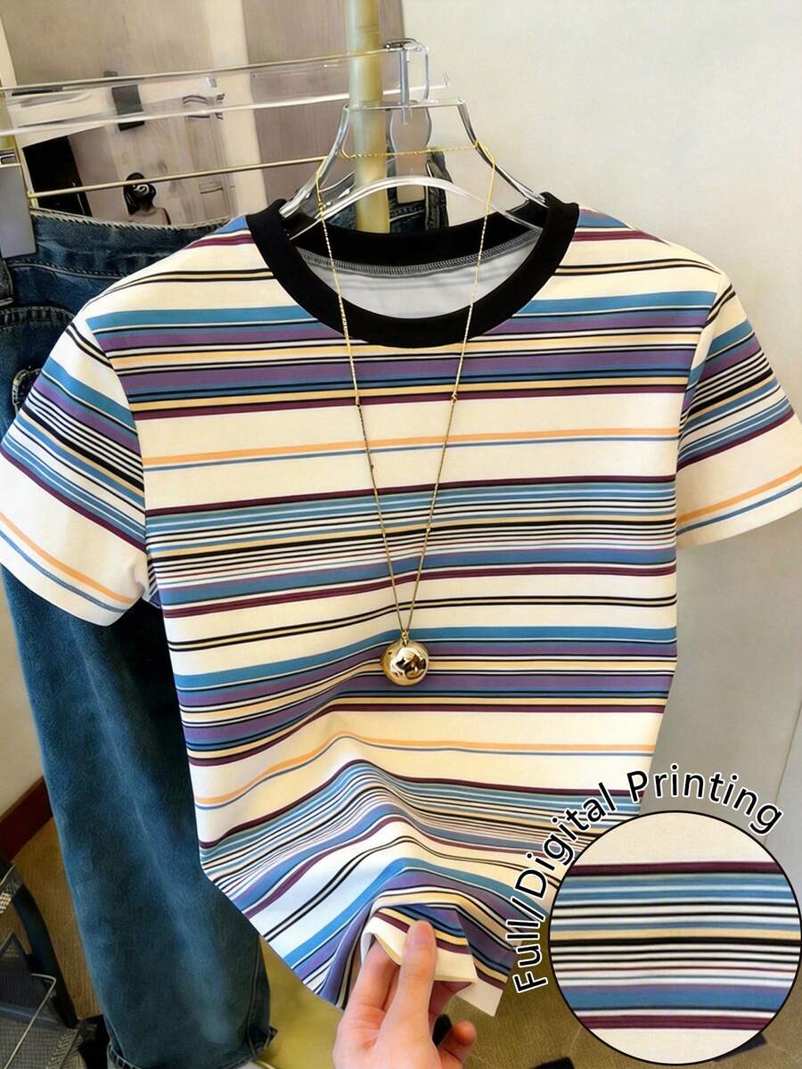 Resyla Women's Striped Casual Versatile Round Neck Short Sleeve T-Shirt - Multicolor - View 1
