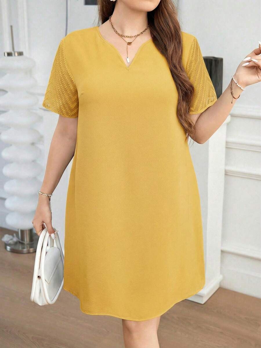 SHEIN Clasi 大码女式V领短袖休闲连衣裙 - 黃色 - 查看 1