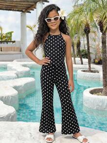 SHEIN Tween Girls Vacation Beach Colorful Striped Jacquard Contrast Color Halter Neck Top & Flare Pants Set - Black - View 5