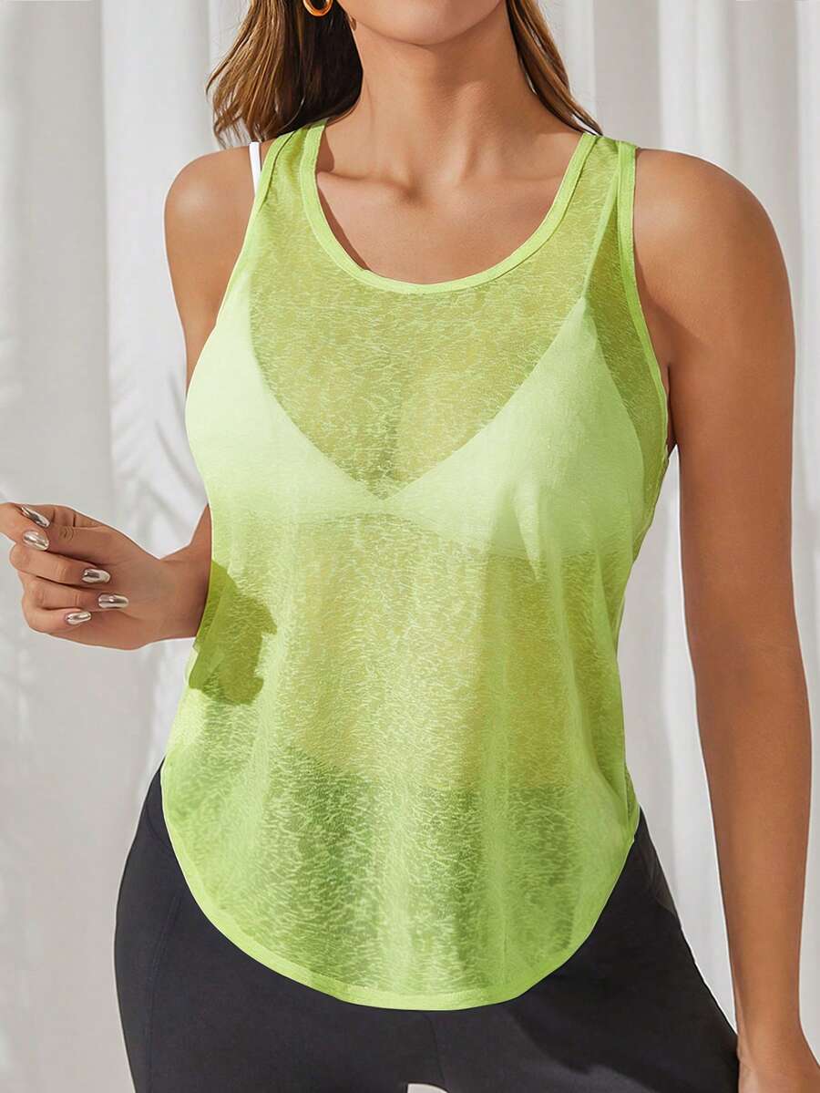 Gameset SHEIN Sport 女士纯色透视健身运动背心 - 綠色 - 查看 1