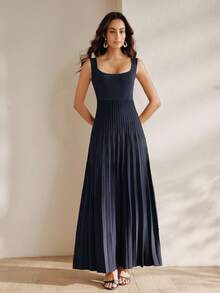 Anewsta Elegant Solid Color Heavyweight Knit Fitted Pleated Dress For Women, Summer - Navy Blue - View 6