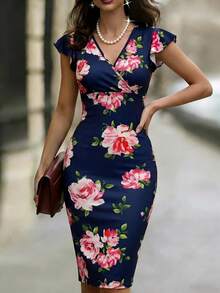 Editum Đầm midi nữ cổ chữ V in hoa, tay bồng, ôm sát, chất liệu thun co giãn, thanh lịch, thích hợp mặc hàng ngày và đi làm, mùa xuân/hè. - Nhiều màu - Xem 3