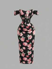 SHEIN MOD Đầm ôm sát trễ vai in hoa màu hồng dành cho nữ - màu đen - Xem 5
