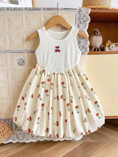 SHEIN 女童樱桃装饰罗纹拼接樱桃印花喇叭下摆休闲可爱吊带连衣裙，夏季