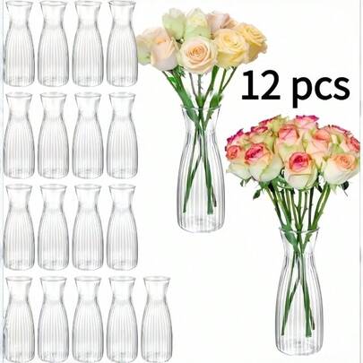 SHEIN Bộ 5, 10, 12 bình hoa nhựa sọc trong suốt, làm thủ công, thích hợp cắm hoa nhiều kiểu và trang trí DIY, trang trí nhà cửa, bàn làm việc, tiệc cưới.