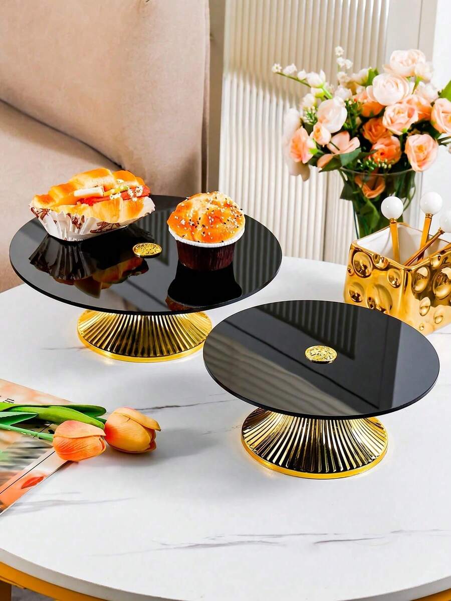 1PC Acrylic European Style Display Tray, Elegant Home Gathering Serving Platter, Party Wedding Birthday Decorative Board, Covered Storage Shelf For Living Room Kitchen Decor - Tall Plate With Gold Base and Black Plate - View 1