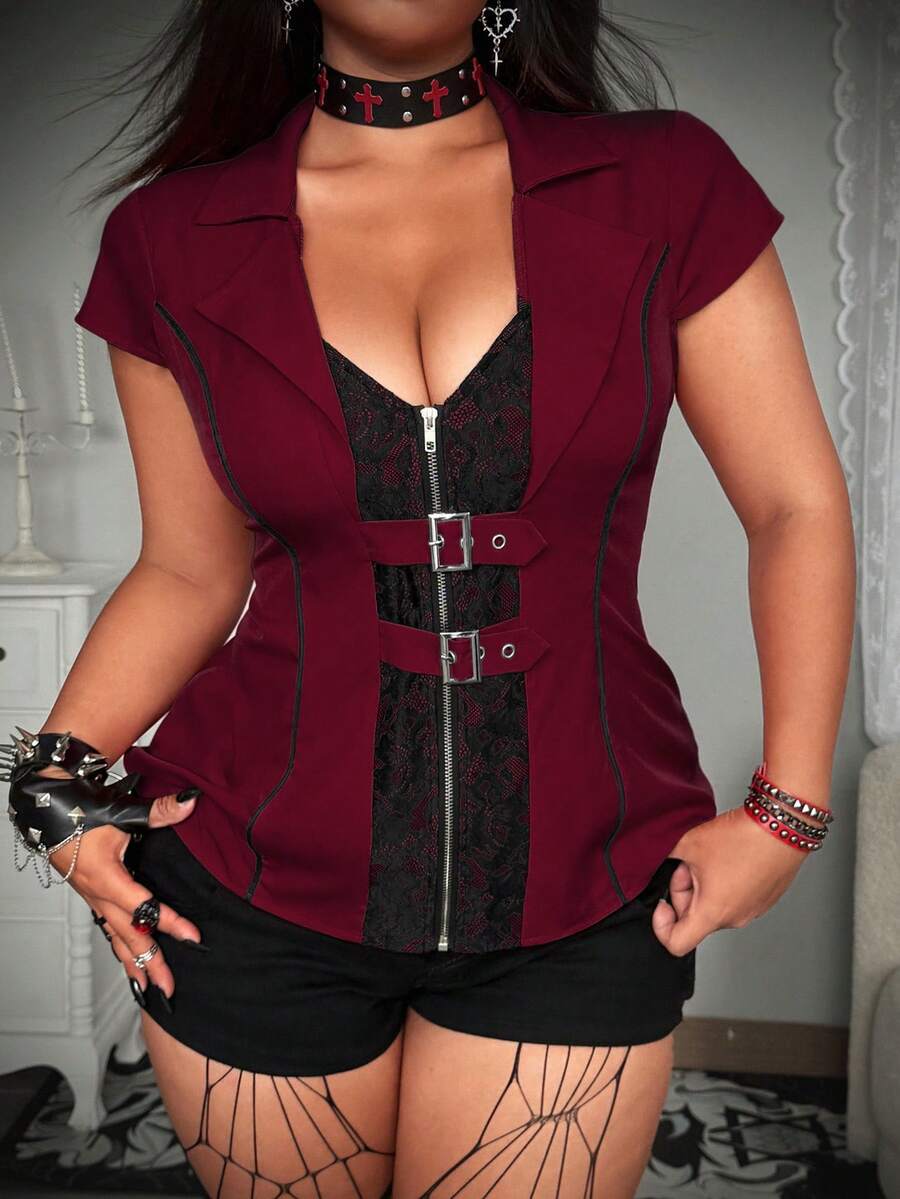 Whyspr Camisa sin mangas con cremallera estilo punk americano vintage para mujer, top de verano - Rojo - Ver 1