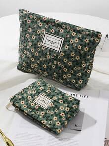 1 Set Of Green Retro Floral Portable Makeup Bag, Fashionable And Casual Large Capacity Zipper Makeup Bag, Travel Storage Stationery Bag, Essential Makeup Bag For Vacation - Green - View 3