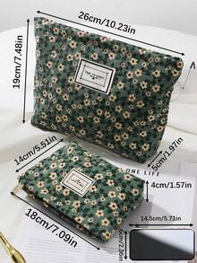 1 Set Of Green Retro Floral Portable Makeup Bag, Fashionable And Casual Large Capacity Zipper Makeup Bag, Travel Storage Stationery Bag, Essential Makeup Bag For Vacation - Green - View 2