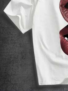 Manfinity ZONE917 Loose Distressed Red Street Lip Stud Rhinestone Teeth Print White Short Sleeve T-Shirt, Suitable For Spring/Summer, Funny Gift For Boyfriend/Yourself - White - View 4