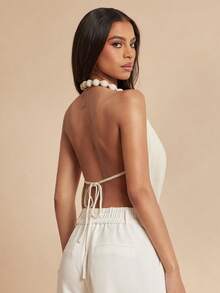 Silquee Women's Elegant Beige Halter-Neck Camisole With Beaded Embellishments,Asymmetrical Backless Hem Linen Camo Tank For Summer,Party Night Beach Sexy - Apricot - View 2