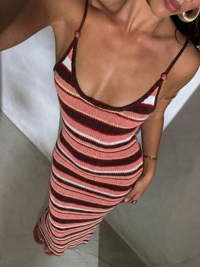 Aloruh Đầm dệt kim móc mới cho nữ mùa xuân/hè, đầm nghỉ mát kiểu bohemian kẻ sọc hở lưng chéo, đầm thanh lịch dành cho quý cô.