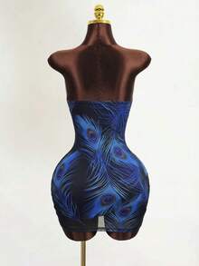 Mistrie Sexy Hot Girl Style Peacock Feather Print Strapless Bodycon Mini Dress For Women - Multicolor - View 2