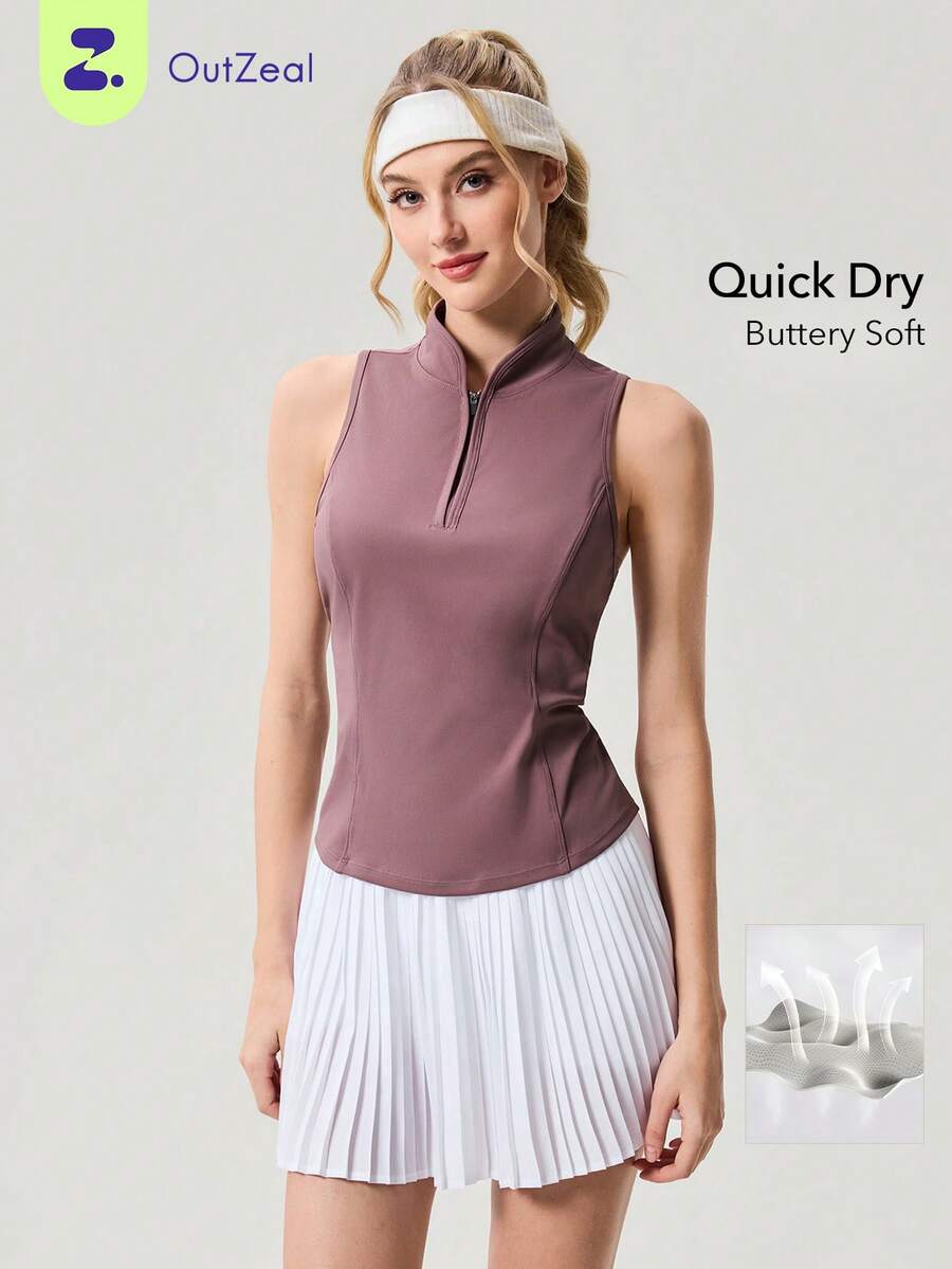 OutZeal Women Sports Tank Daily Casual Quick Drying Stand Collar Front Half Zip Active Tops - Clay Red - View 1