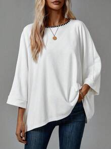 EMERY ROSE 2pcs/Set Casual Shell Flower Crafted Plus Size Women T-Shirts, Black & White, Suitable For Summer Vacation Fall - Black and White - View 5