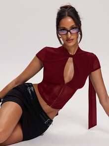 SHEIN BAE 女士纯色镂空设计短袖性感上衣 - 酒紅色 - 查看 5