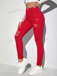 Jeanoix Women's Button Distressed Casual Grunge Versatile Daily Wear Denim Jeans Red Ripped Jeans Music Summer - Red - View 5