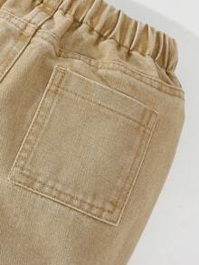 SHEIN Young Boy 复古休闲街头酷炫多口袋宽松舒适抽绳腰工装裤，卡其色 - 卡其色 - 查看 5