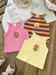 SHEIN LMoss Kids 3pcs Baby Girl Knitted Solid Color 3D Floral & Striped Pullover Tops Set - Multicolor - View 5