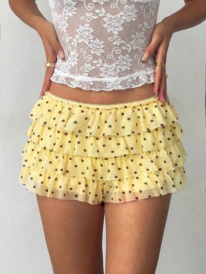 Aloruh 女士性感朋克摇滚波西米亚音乐节Y2K黄色波点层叠荷叶边超短裤，新款蕾丝超低腰短裤