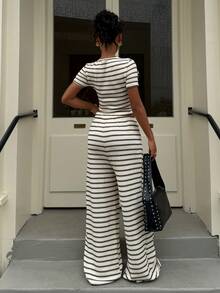 Muchica Women's Striped Textured Fitted Short Sleeve T-Shirt And Pants Set, Spring/Summer - Multicolor - View 2