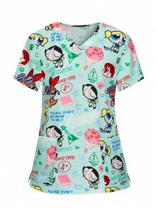 PopScrub THE POWERPUFF GIRLS X SHEIN 女士清新浅蓝色沙漠印花V领工作服，适合工作、通勤、护理等场合 - 彩色 - 查看 3