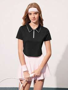 Courtclass Women's Solid Color Short Sleeve Polo Shirt - Half-Zip Color-Block Athletic Top For Tennis Golf Training Running Fitness - Black - View 4